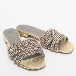 Pre Owned Gina Gold Leather Crystal Embellished Flat Slide Sandals Size 38.5
