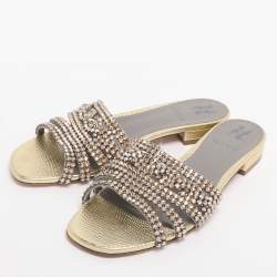 Pre Owned Gina Gold Leather Crystal Embellished Flat Slide Sandals Size 38.5