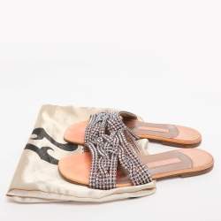 Pre Owned Gina Coral Leather Crystal Embellished Flat Sandals Size 38.5