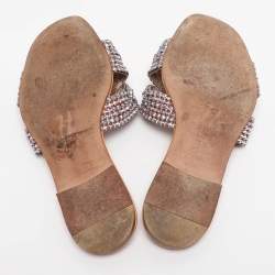 Pre Owned Gina Coral Leather Crystal Embellished Flat Sandals Size 38.5