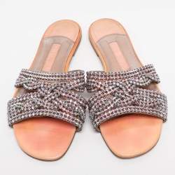 Pre Owned Gina Coral Leather Crystal Embellished Flat Sandals Size 38.5