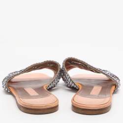 Pre Owned Gina Coral Leather Crystal Embellished Flat Sandals Size 38.5