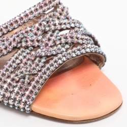 Pre Owned Gina Coral Leather Crystal Embellished Flat Sandals Size 38.5