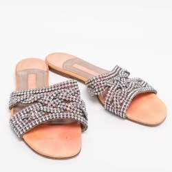 Pre Owned Gina Coral Leather Crystal Embellished Flat Sandals Size 38.5