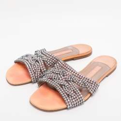 Pre Owned Gina Coral Leather Crystal Embellished Flat Sandals Size 38.5