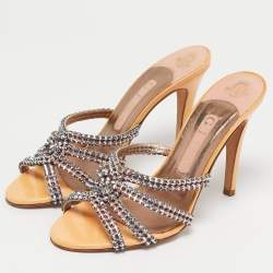 Pre Owned Gina Orange Leather Slide Crystal Embellished Slide Sandals Size 38