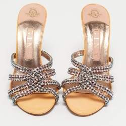 Pre Owned Gina Orange Leather Slide Crystal Embellished Slide Sandals Size 38