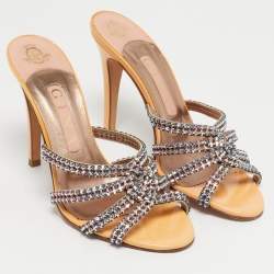 Pre Owned Gina Orange Leather Slide Crystal Embellished Slide Sandals Size 38