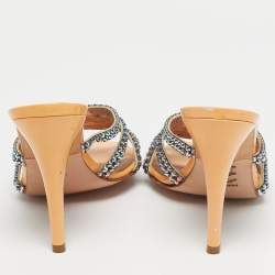 Pre Owned Gina Orange Leather Slide Crystal Embellished Slide Sandals Size 38