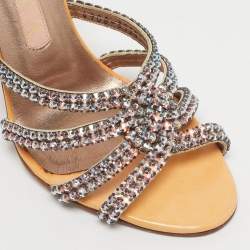 Pre Owned Gina Orange Leather Slide Crystal Embellished Slide Sandals Size 38