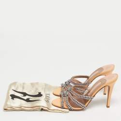 Pre Owned Gina Orange Leather Slide Crystal Embellished Slide Sandals Size 38