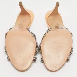 Pre Owned Gina Orange Leather Slide Crystal Embellished Slide Sandals Size 38