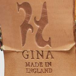 Pre Owned Gina Orange Leather Slide Crystal Embellished Slide Sandals Size 38