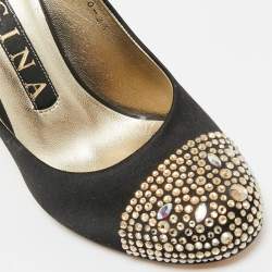 Pre Owned Gina Black Satin Crystals Embellished Pumps Size 36.5