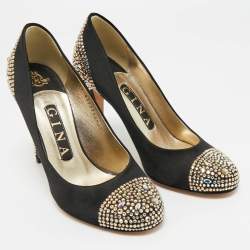 Pre Owned Gina Black Satin Crystals Embellished Pumps Size 36.5