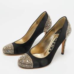 Pre Owned Gina Black Satin Crystals Embellished Pumps Size 36.5