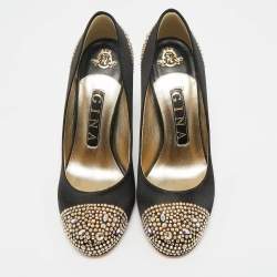 Pre Owned Gina Black Satin Crystals Embellished Pumps Size 36.5
