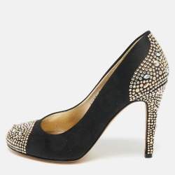 Pre Owned Gina Black Satin Crystals Embellished Pumps Size 36.5