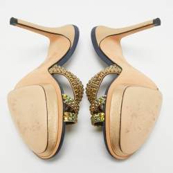 Pre Owned Gina Mlticollor Leather Crystal Embellished Slide Sandals Size 37