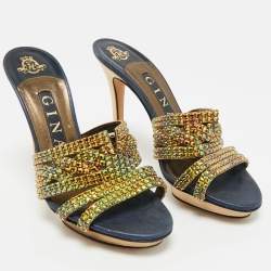 Pre Owned Gina Mlticollor Leather Crystal Embellished Slide Sandals Size 37