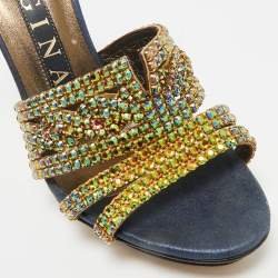 Pre Owned Gina Mlticollor Leather Crystal Embellished Slide Sandals Size 37