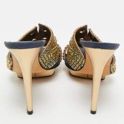 Pre Owned Gina Mlticollor Leather Crystal Embellished Slide Sandals Size 37