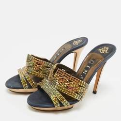 Pre Owned Gina Mlticollor Leather Crystal Embellished Slide Sandals Size 37