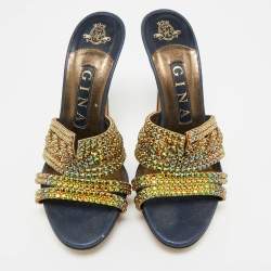 Pre Owned Gina Mlticollor Leather Crystal Embellished Slide Sandals Size 37