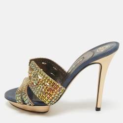 Pre Owned Gina Mlticollor Leather Crystal Embellished Slide Sandals Size 37