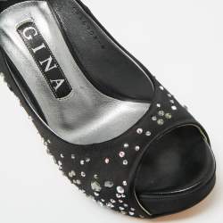 Pre Owned Gina Black Crystal Embellished Satin Open Toe Platform Pumps Size 39