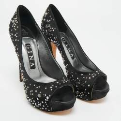 Pre Owned Gina Black Crystal Embellished Satin Open Toe Platform Pumps Size 39