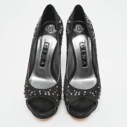 Pre Owned Gina Black Crystal Embellished Satin Open Toe Platform Pumps Size 39