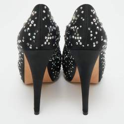 Pre Owned Gina Black Crystal Embellished Satin Open Toe Platform Pumps Size 39