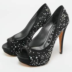 Pre Owned Gina Black Crystal Embellished Satin Open Toe Platform Pumps Size 39