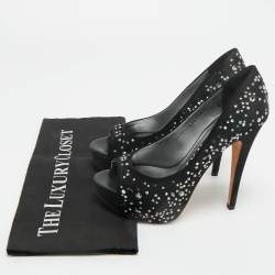 Pre Owned Gina Black Crystal Embellished Satin Open Toe Platform Pumps Size 39