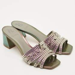 مملوكة مسبقًا Gina Multicolor Leather Crystal Embellish Utah Slide Sandals Size 39