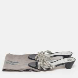 Pre Owned Gina Silver Leather Crystal Embellished Slide Sandals Size 38.5