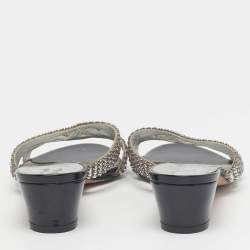 Pre Owned Gina Silver Leather Crystal Embellished Slide Sandals Size 38.5