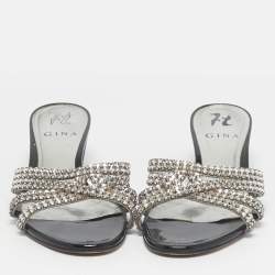 Pre Owned Gina Silver Leather Crystal Embellished Slide Sandals Size 38.5