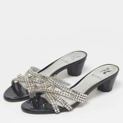 Pre Owned Gina Silver Leather Crystal Embellished Slide Sandals Size 38.5