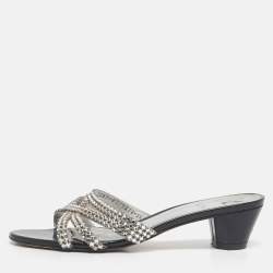 Pre Owned Gina Silver Leather Crystal Embellished Slide Sandals Size 38.5