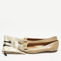 Pre Owned Gina Beige Leather and Satin Bow Detail Crystal Embellish Ballet Flats Size 38