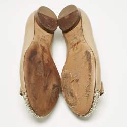 Pre Owned Gina Beige Leather and Satin Bow Detail Crystal Embellish Ballet Flats Size 38