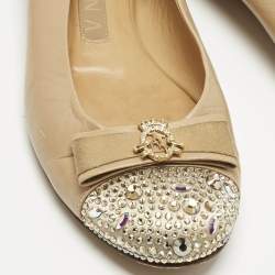 Pre Owned Gina Beige Leather and Satin Bow Detail Crystal Embellish Ballet Flats Size 38