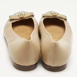 Pre Owned Gina Beige Leather and Satin Bow Detail Crystal Embellish Ballet Flats Size 38