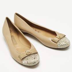 Pre Owned Gina Beige Leather and Satin Bow Detail Crystal Embellish Ballet Flats Size 38