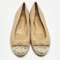 Pre Owned Gina Beige Leather and Satin Bow Detail Crystal Embellish Ballet Flats Size 38