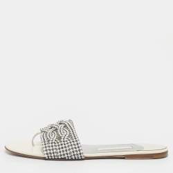 Pre Owned Gina White Leather Loren Flat Slide Size 40.5
