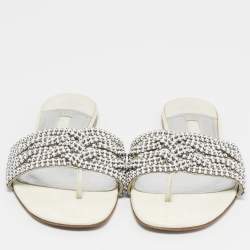 Pre Owned Gina White Leather Loren Flat Slide Size 40.5