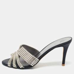 Pre Owned Gina Silver Leather Crystal Embellished Slide Sandals Size 40.5